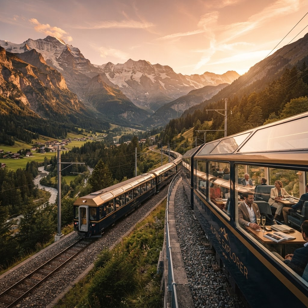 Scenic luxury train journey through mountains at golden hour