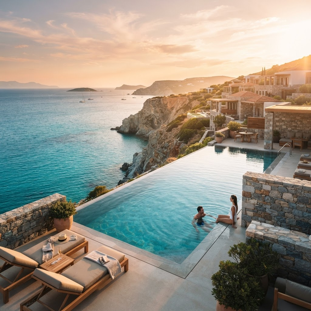 Infinity pool overlooking a turquoise ocean at golden hour